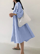 Women Plaid Puff Sleeve High Waist Bohemian Casual Loose Midi Dress